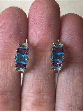 AAA CZ Blue Purple Emerald Cut Hoop Earrings 18k Yellow Gold Filled